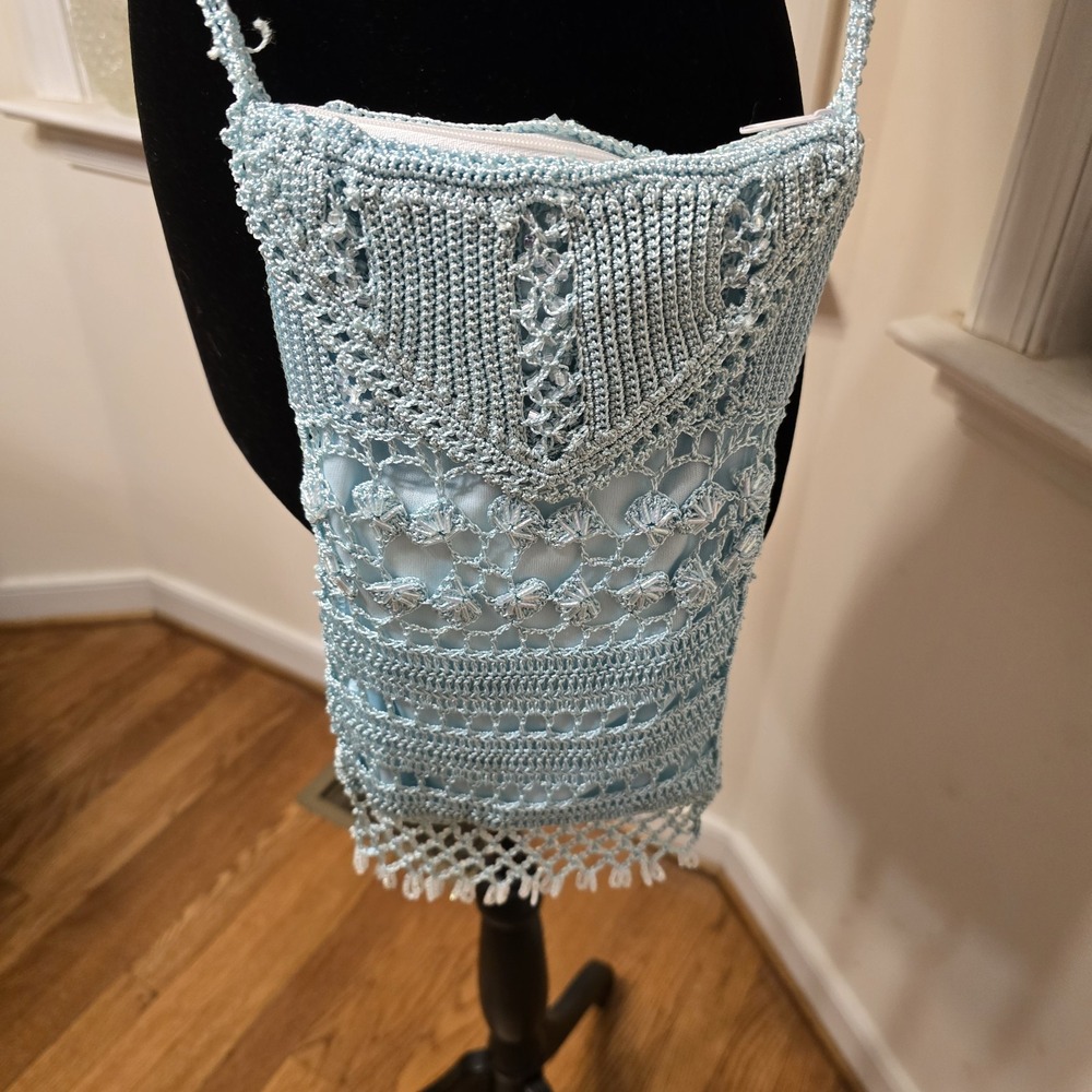 Vintage Kroshetta by Papillon Light Blue Crochet Crossbody Bag Rayon Boho Fringe